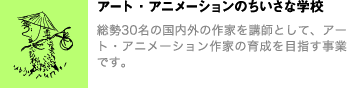 アート・アニメーションのちいさな学校　総勢30名の国内外の作家を講師として、アート・アニメーション作家の育成を目指す事業です。